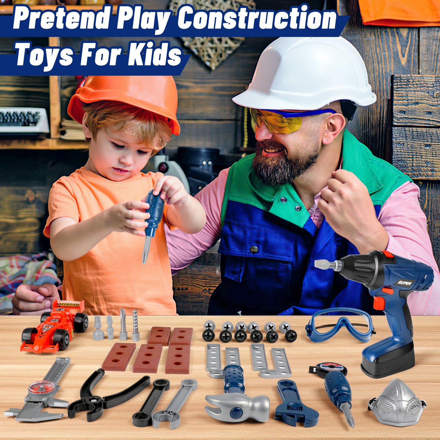 Kids Tool Set, 72PCS Pretend Play Toddler Tools Toy for Boys 3-6 with Construction Tool Box & Electronic Toy Drill, Birthday Christmas Gift for Toddlers Boys Ages 3 4 5 6+
