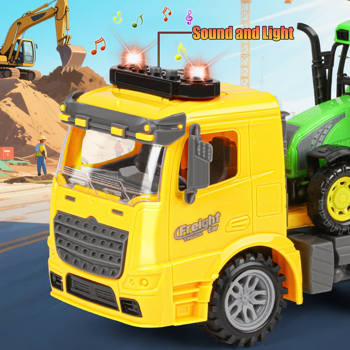 Construction Engineering Vehicle for kids/Toddler Ages 3-8,Inertia Truck and Tow Trailer Toys with Lights and Music, Birthday Gift for Boys 8 9 10 11 12 Years Old