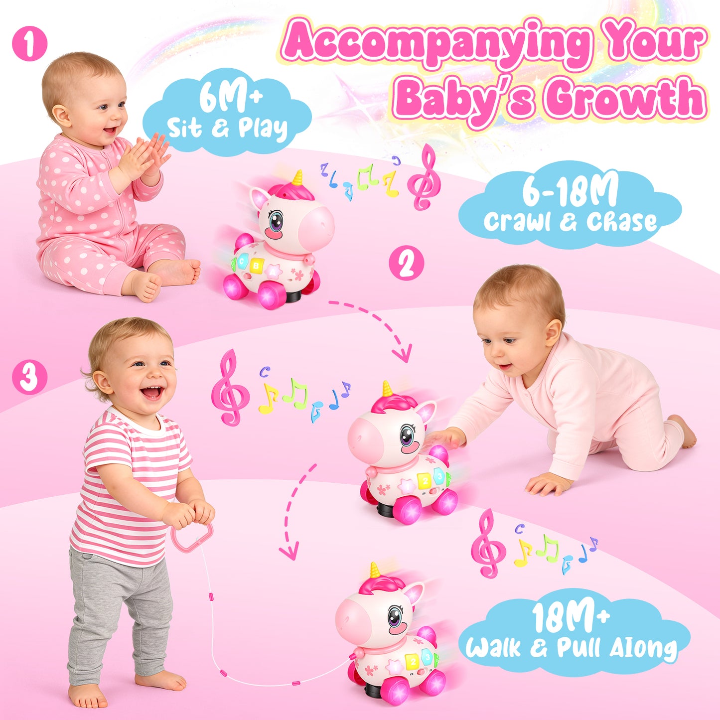 Unicorn Musical Toys for 1 Year Old Girl Gifts, Bilingual Baby Toys 6-12-18 Months, 1st Birthday Girl Gift, Crawl & Pull & Learning Educational Toddler Toy with Light and Music