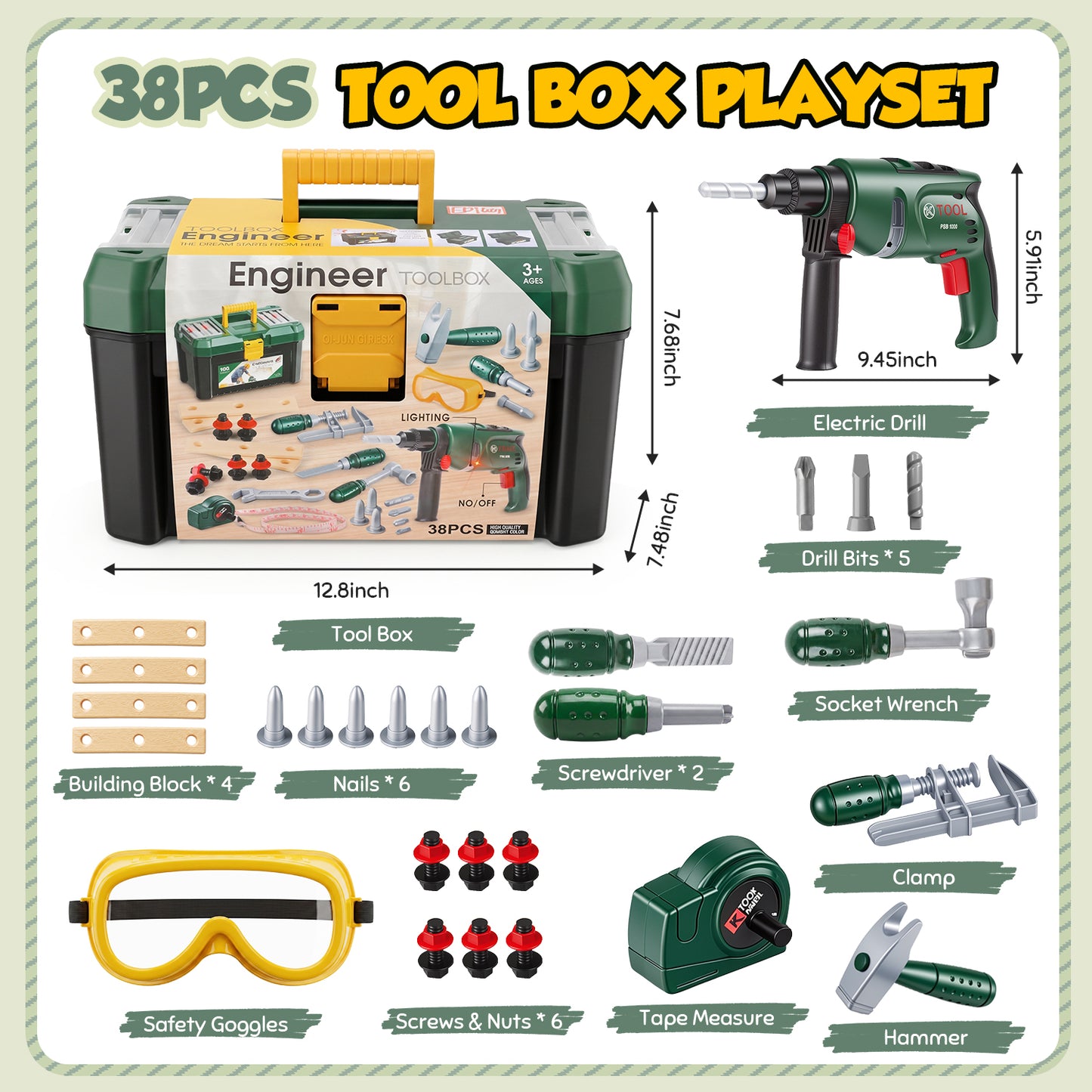 38PCS Kids Tool Set, Kids Tool Box with Electronic Light-Up Toy Drill, Pretend Play Construction Toys for Toddlers Boys Girls Ages 3-5, Christmas Birthday Gifts for 3-7 Kids