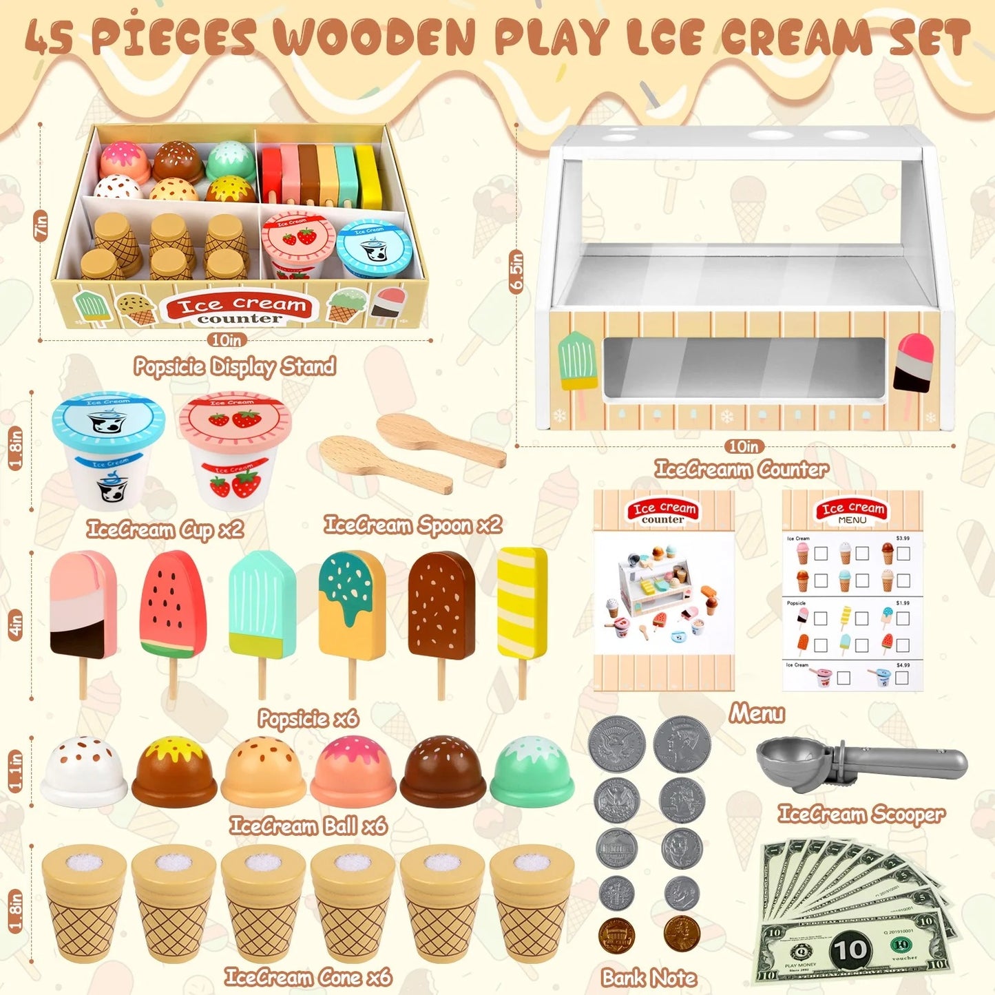 Ice Cream Toys for Kids, Wooden Toys Play Food Sets for Kids Kitchen, Kids Wooden Ice Cream Playset, Pretend Play Toys Christmas Birthday Gifts for Toddlers Girls Ages 3 4 5 6 Years