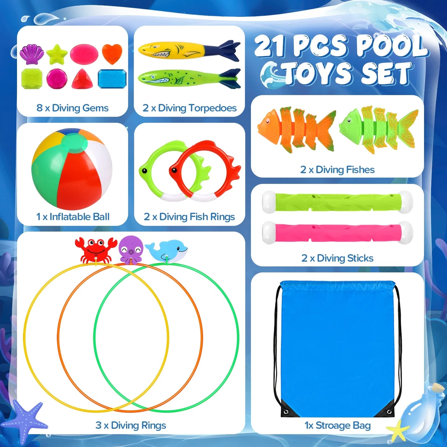 Diving Pool Toys for Kids Ages 4-8 8-12, 24Pcs Pool/Beach Party Games Sinking Set with Storage Bag, Summer Swim Water Fish Toys for Boys & Girls
