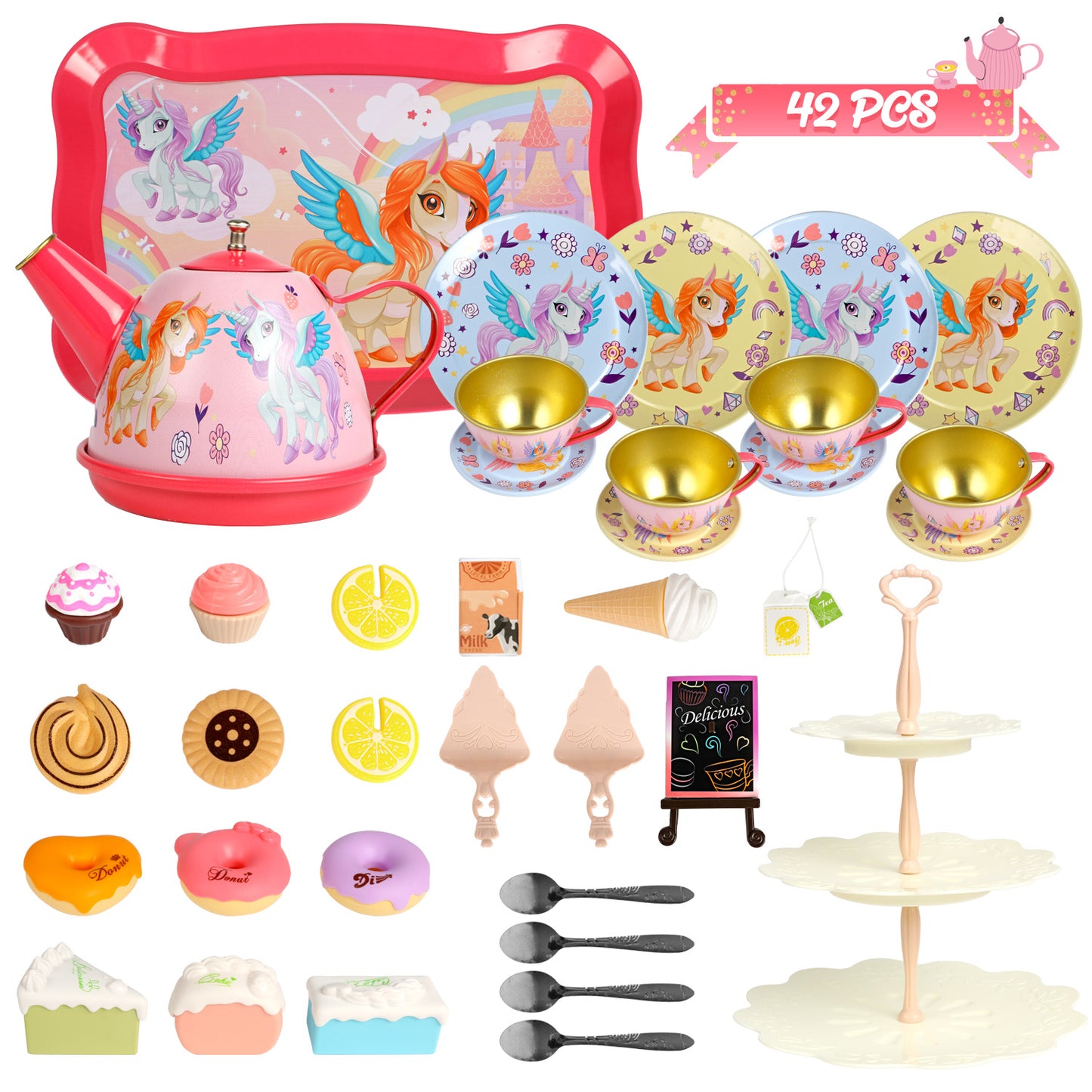 Kid Tea Set, Unicorn Tea Party Set for Girls, 42PCS Princess Pretend Toys with Tin Teapot Kitchen Toy, Perfect Birthday Christmas Gift for Girls Age 3 4 5 6+