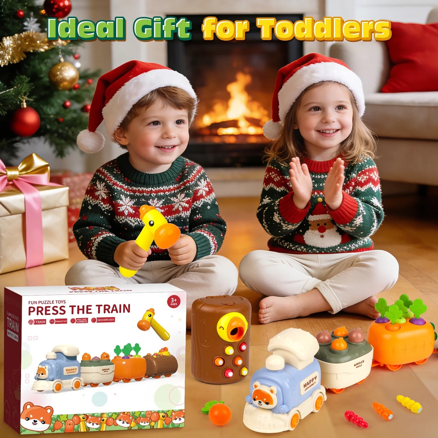 Press and Go Toy Cars for Toddlers 1-3, 4-in-1 Baby Push Car, Carrot Harvest Game, Whack-A-Mole, Woodpecker Worm, Train Car Toy Christmas Birthday Gift for 12-36 Months Baby Boys Girls