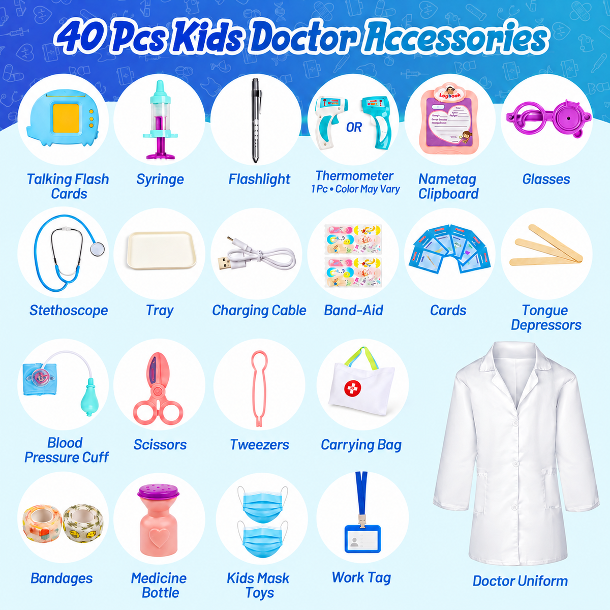 Doctor Kit for Kids Ages 3 4 5 6, 40Pcs Toddlers Pretend Play Doctor Set with Talking Flash Cards, Doctor Coat and Medical Storage Bag, Birthday Gift Toy for Kids Boys Girls