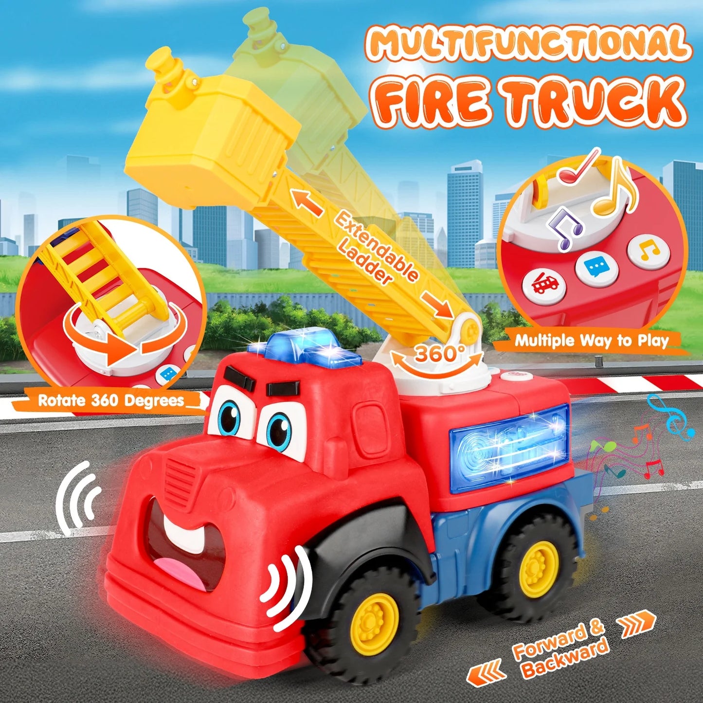 Fire Truck Toy for Toddlers 1-3, Interactive Talking Musical Car Toy, Recording Repeating Truck, Realistic Sirens & Sounds & Lights, Kids Fire Learning Toy for 2 Year Boy Girl Birthday Gifts