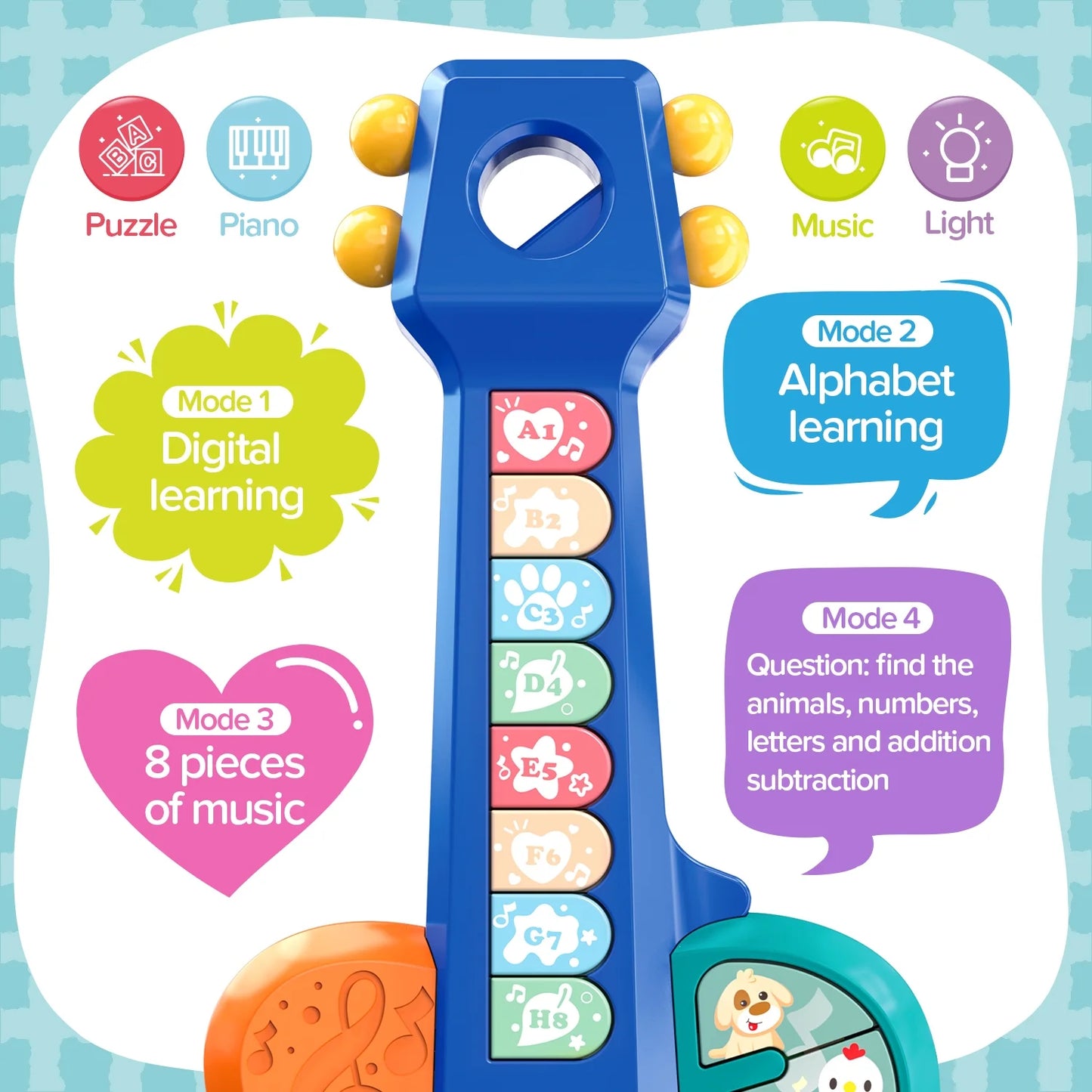 Toy Guitar for Toddlers, Baby Musical Guitar Piano Toys for 12-18 Month Baby, Multiple Modes with Animal Sound and Light, Educational Toys for 1 2 Year Old Boys Girls Birthday Gifts