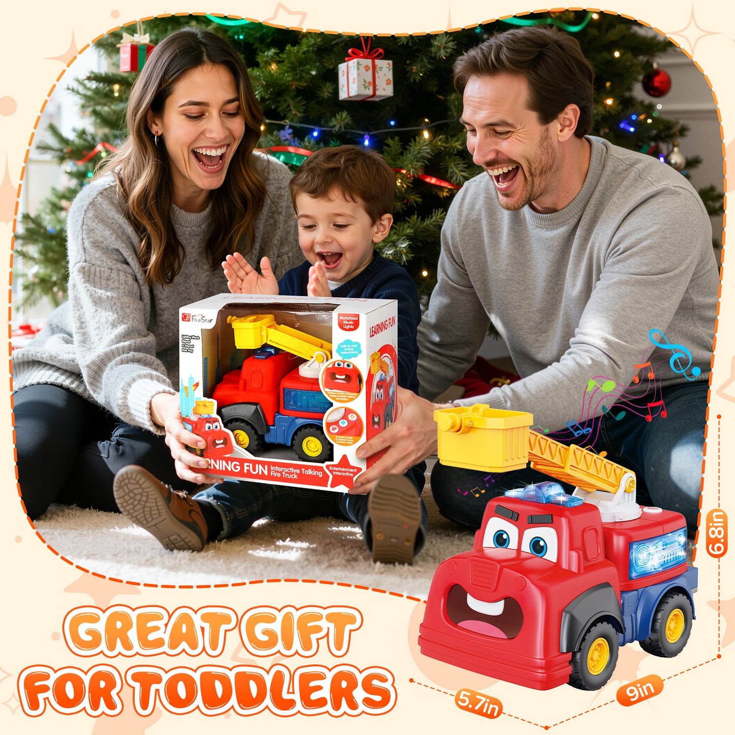Fire Truck Toy for Toddlers 1-3, Interactive Talking Musical Car Toy, Recording Repeating Truck, Realistic Sirens & Sounds & Lights, Kids Fire Learning Toy for 2 Year Boy Girl Birthday Gifts