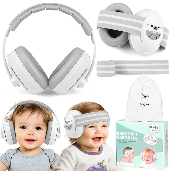 2-in-1 Baby Ear Muffs Noise Protection, Noise Canceling Headphones for Baby & Toddler 0-36 Months, Adjustable Headband, Hearing Protection Earmuffs in Plane & Improves Sleep - White
