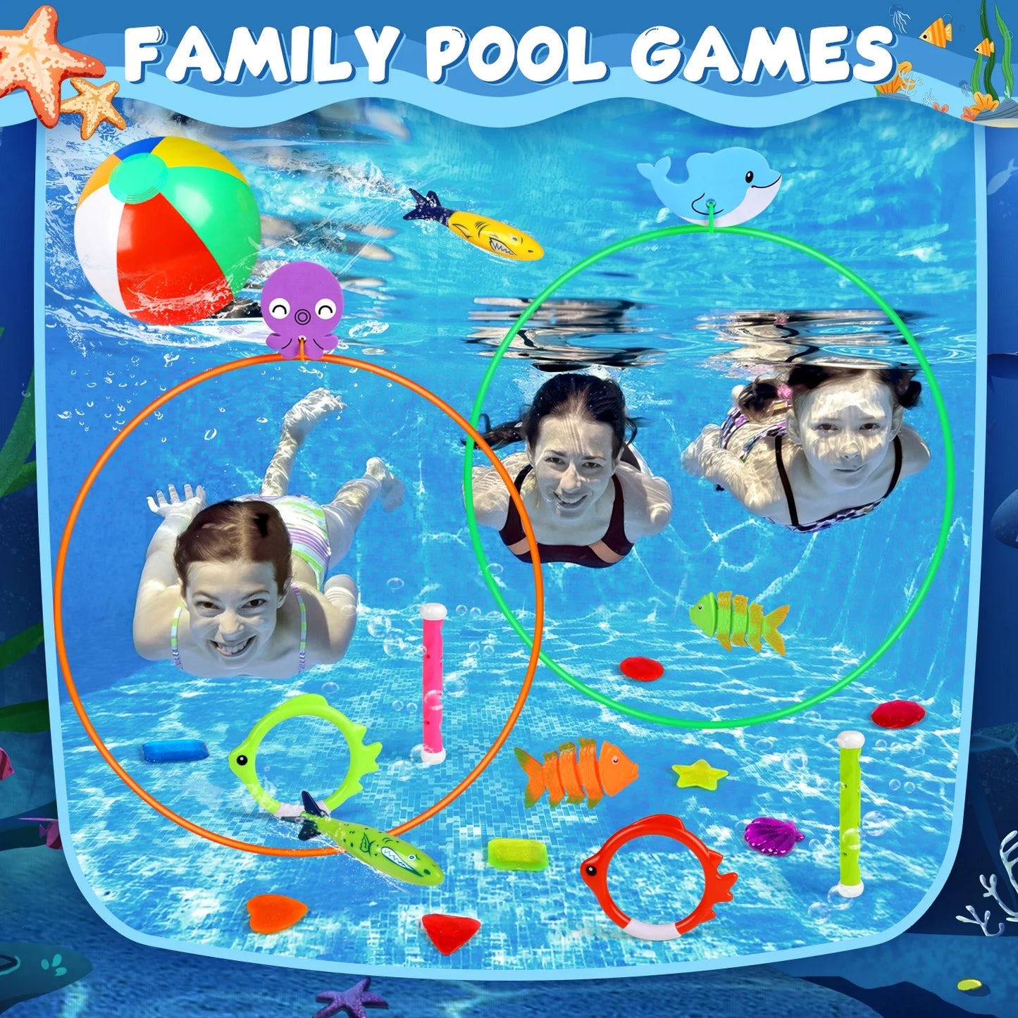Diving Pool Toys for Kids Ages 4-8 8-12, 24Pcs Pool/Beach Party Games Sinking Set with Storage Bag, Summer Swim Water Fish Toys for Boys & Girls