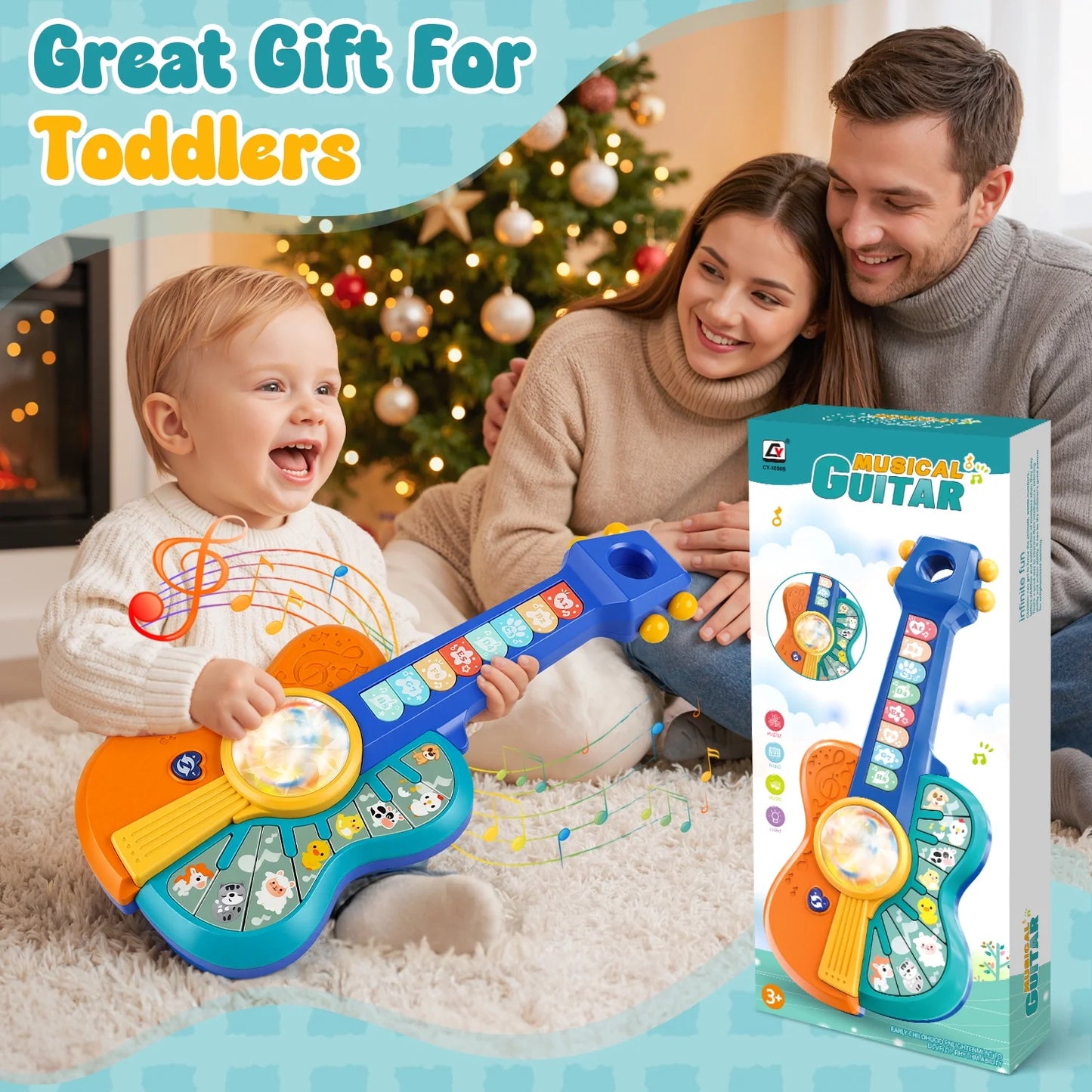 Toy Guitar for Toddlers, Baby Musical Guitar Piano Toys for 12-18 Month Baby, Multiple Modes with Animal Sound and Light, Educational Toys for 1 2 Year Old Boys Girls Birthday Gifts