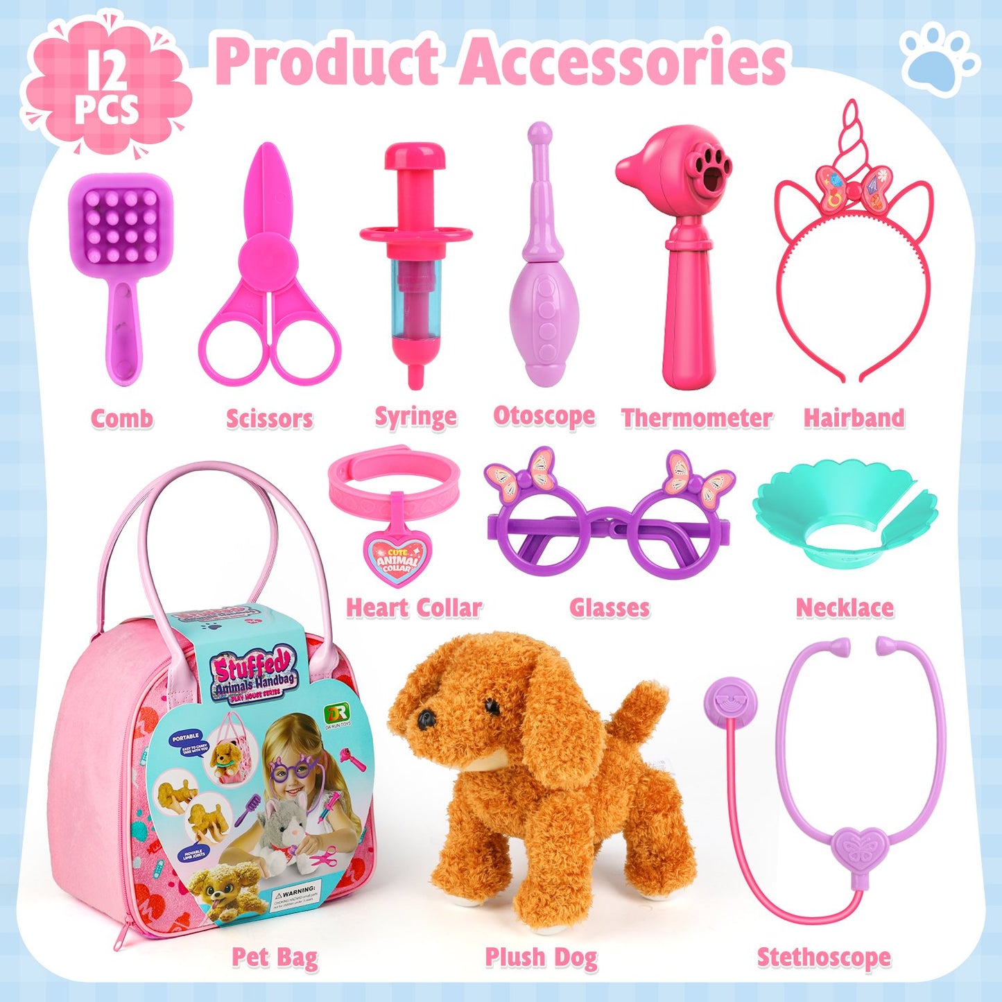 Veterinarian Kit for Kids, 12Pcs Vet Playset for Kids, Kids Doctors Play Set with Pet Handbag, Movable Joints Plush Dog Toys for Kids, Doctor Kit Birthday Gifts for Boys Girls Toddlers Ages 2 3 4