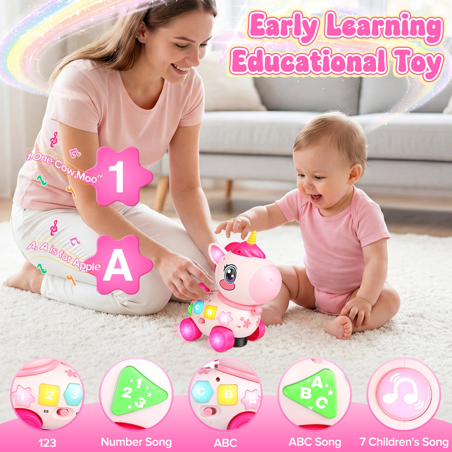 Unicorn Musical Toys for 1 Year Old Girl Gifts, Bilingual Baby Toys 6-12-18 Months, 1st Birthday Girl Gift, Crawl & Pull & Learning Educational Toddler Toy with Light and Music