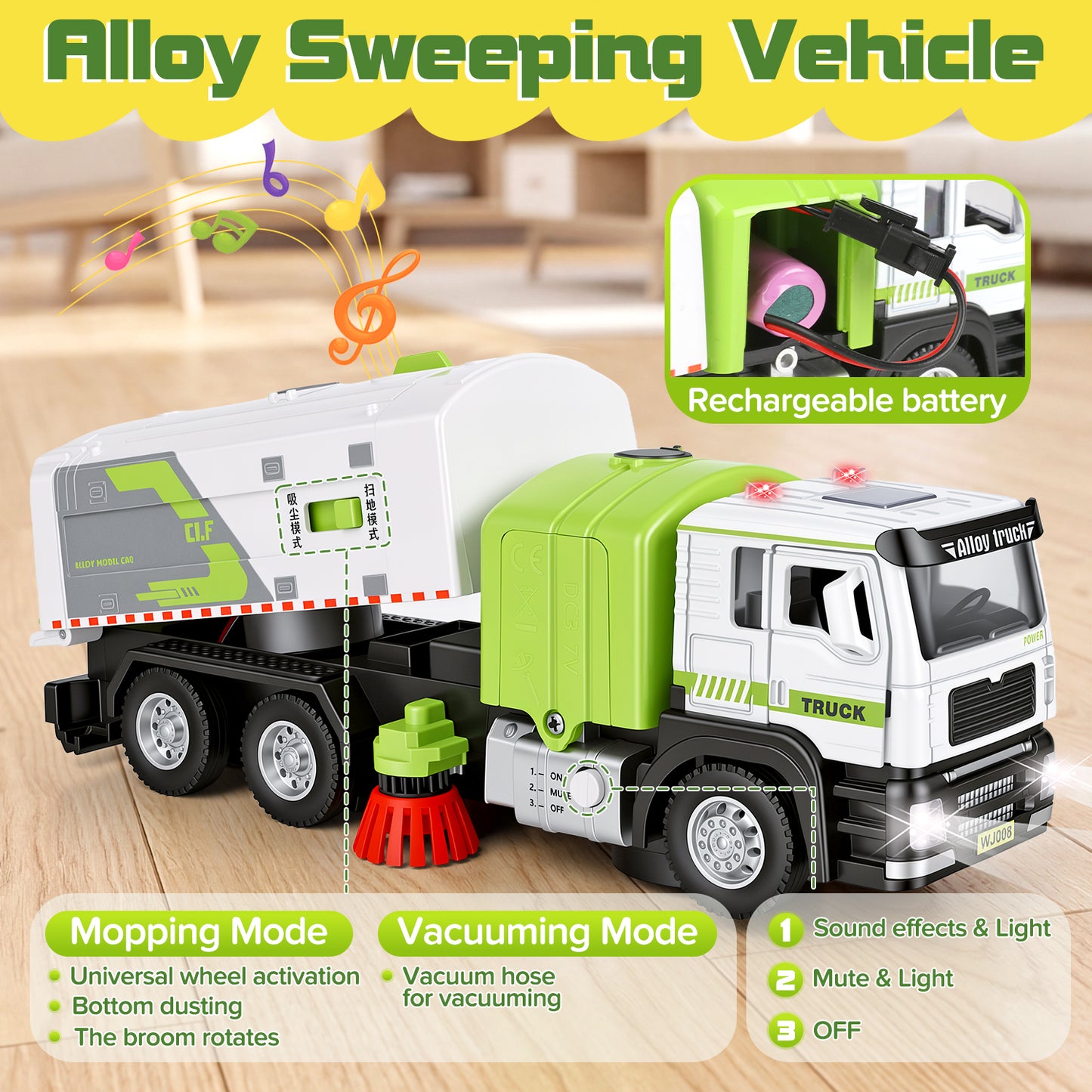 1:50 Electric Garbage Truck Toys, 2-in-1 Alloy Street Sweeper Toy with Light & Sound, Simulated Vacuum Trash Truck Toy for Kids, Cleaning Toys Birthday Gift for Boys Girls Toddlers 3-6