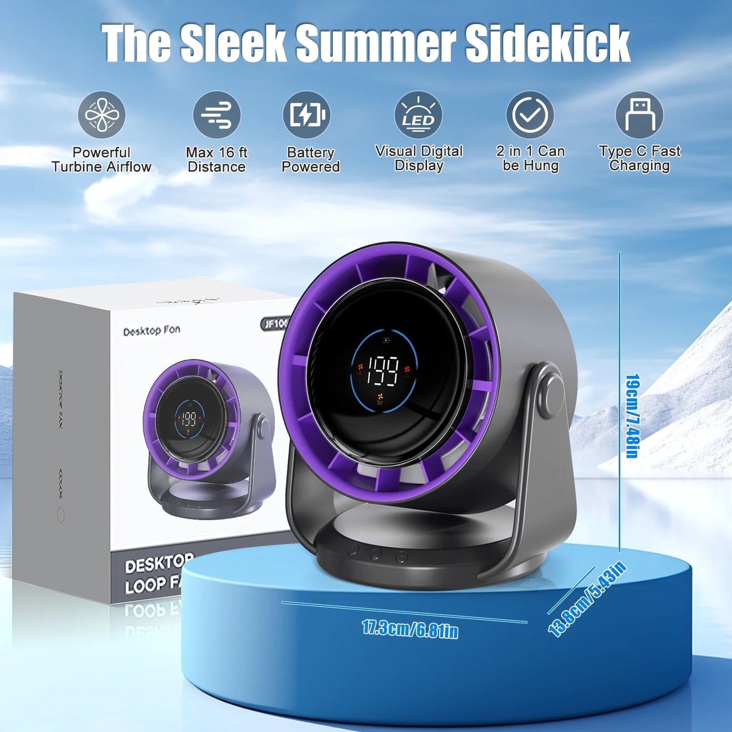Silent Desk Fan, 100 Speeds Strong and Quiet Airflow, Digital Display, Rechargeable Fan, Portable for Office, Bedroom, Kitchen, Home, Outdoor.