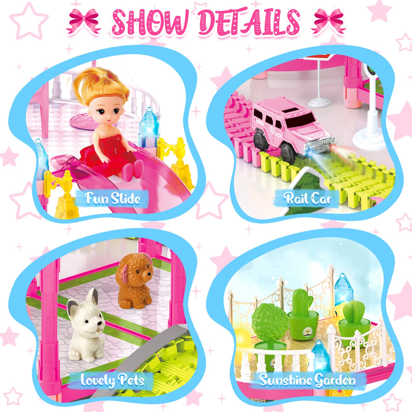 Dollhouse Kit for Girls Ages 3-6, 412PCS Pink Castle Toys With Slide, Track, Lights, DIY 3 Rooms and 6 Balconies Furniture, Birthday Pretend Play Toys Gift for 3 4 5 Years Old Girls/Kids.