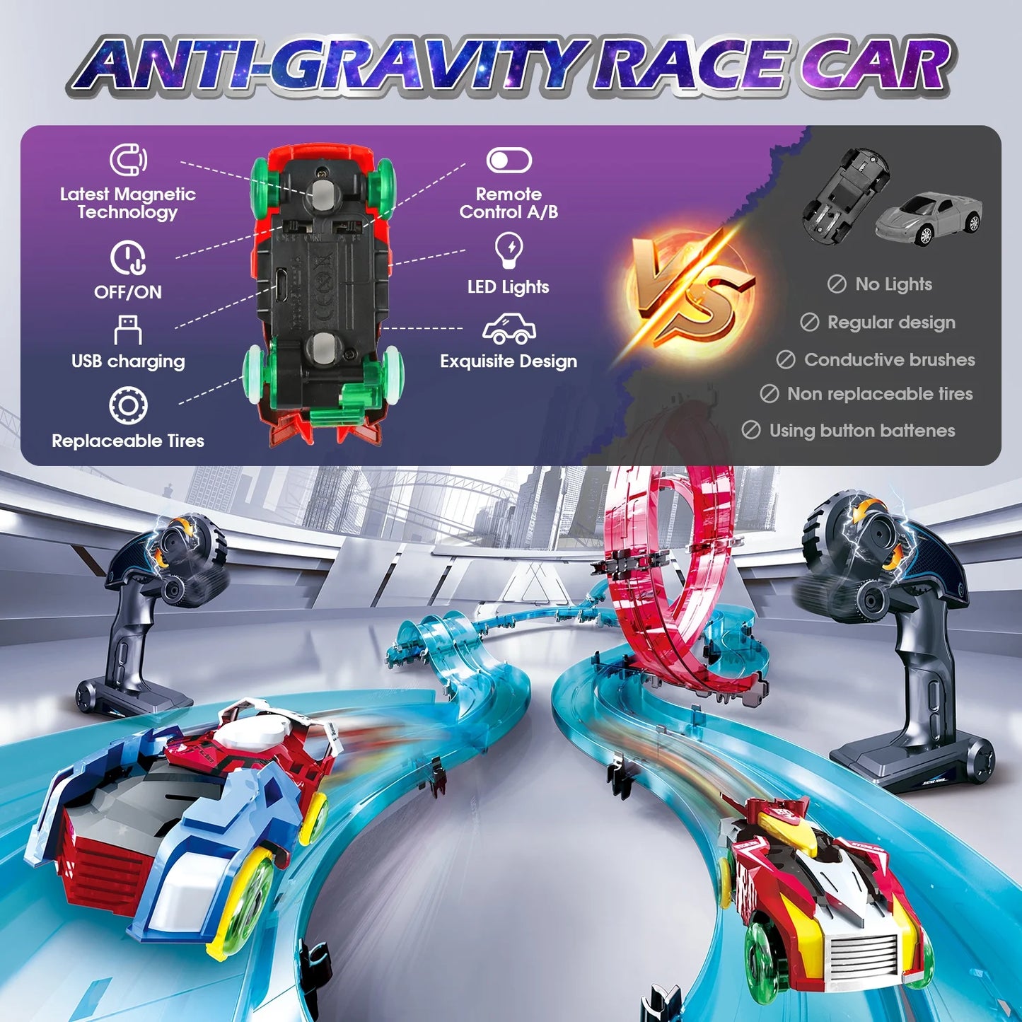 Race Track Set with 2 Slot Car, Boys Toys Ages 6-8-12, Remote Control Electric Racing Car for Kids, Circular Overpass Tracks Car Toy Birthday Christmas Gift for Girls Boys Age 8-12.