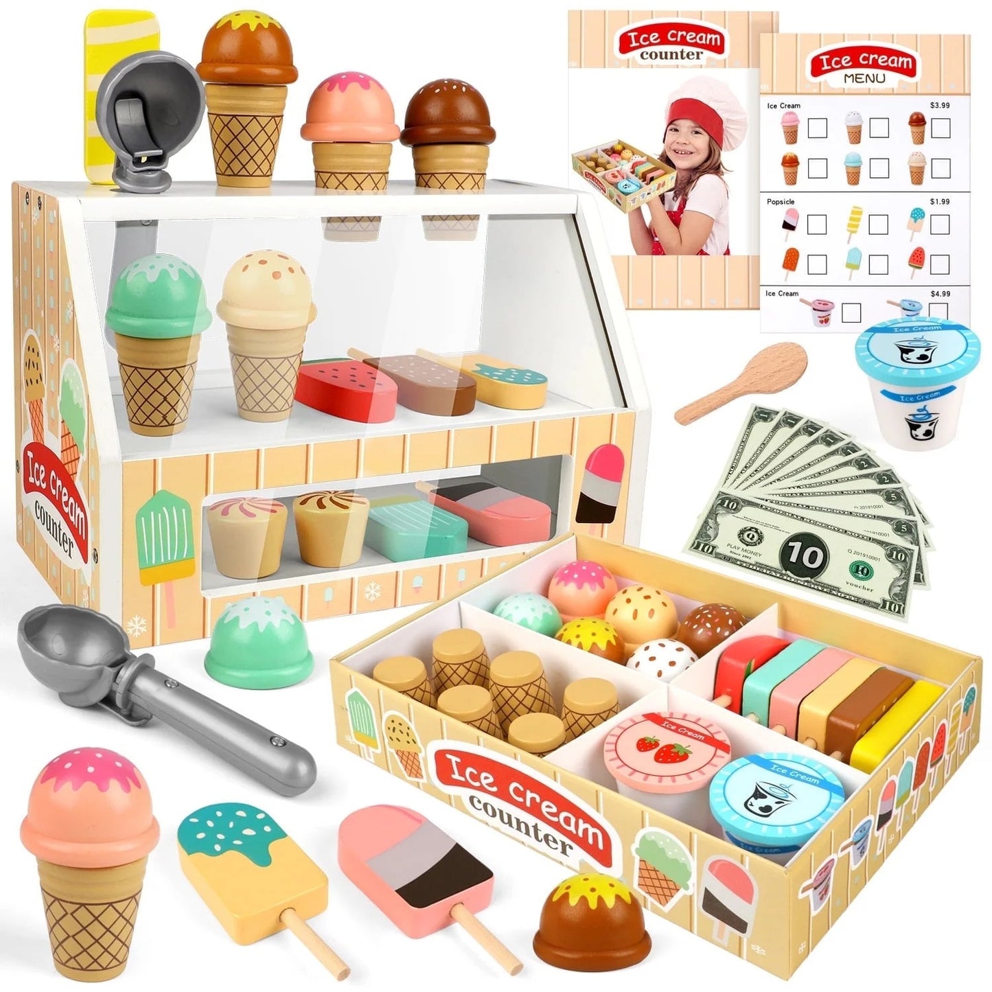 Ice Cream Toys for Kids, Wooden Toys Play Food Sets for Kids Kitchen, Kids Wooden Ice Cream Playset, Pretend Play Toys Christmas Birthday Gifts for Toddlers Girls Ages 3 4 5 6 Years