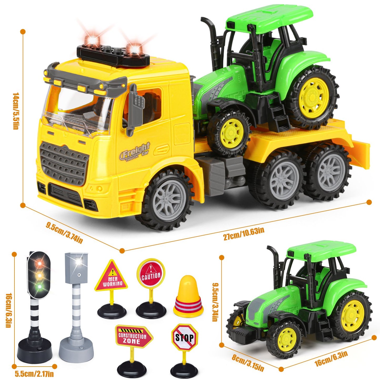 Construction Engineering Vehicle for kids/Toddler Ages 3-8,Inertia Truck and Tow Trailer Toys with Lights and Music, Birthday Gift for Boys 8 9 10 11 12 Years Old