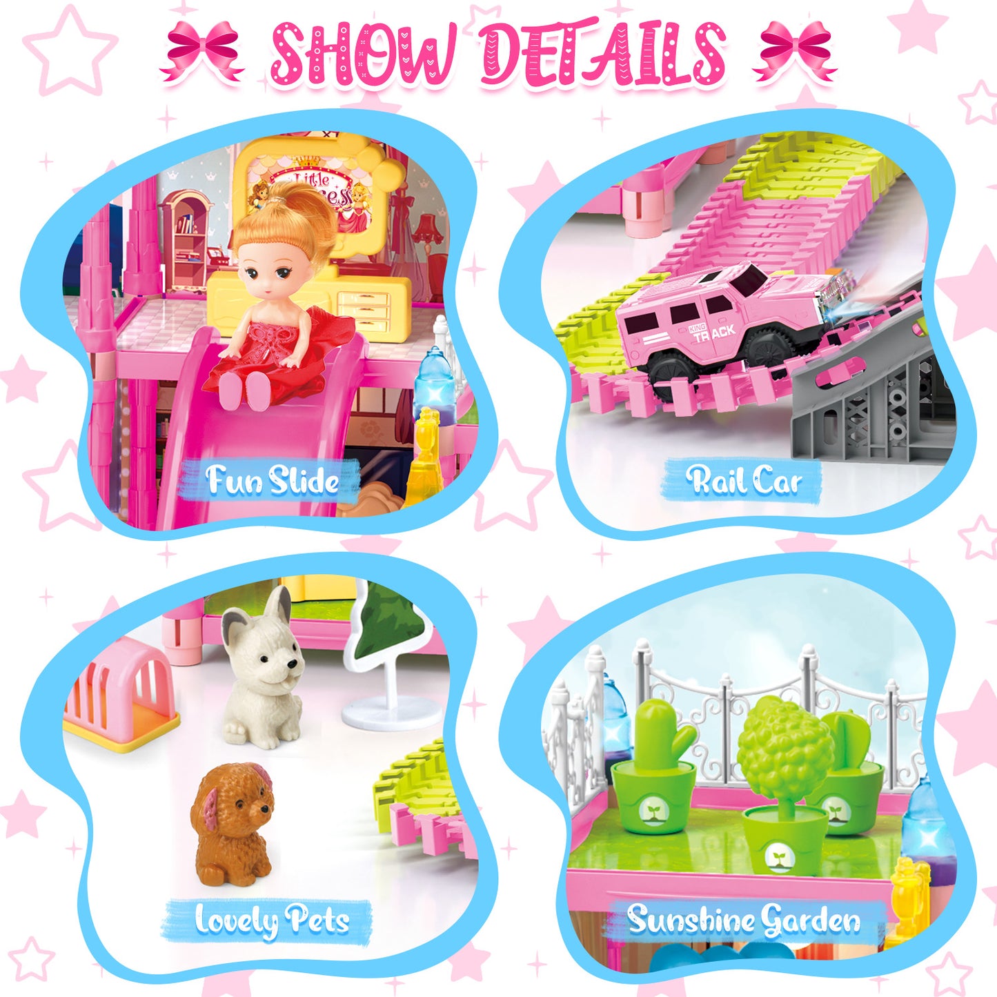 Dollhouse Kit for Girls Ages 3-6, 471PCS Pink Castle Toys With Slide, Track, Lights, DIY 11 Rooms and 4 Balconies Furniture, Birthday Pretend Play Toys Gift for 3 4 5 Years Old Girls/Kids.