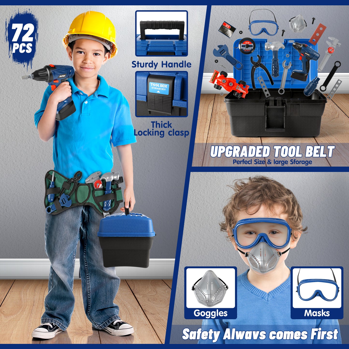 Kids Tool Set, 72PCS Pretend Play Toddler Tools Toy for Boys 3-6 with Construction Tool Box & Electronic Toy Drill, Birthday Christmas Gift for Toddlers Boys Ages 3 4 5 6+