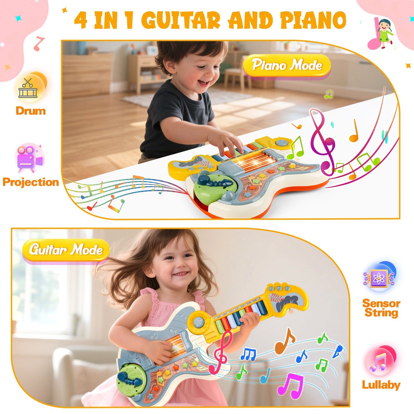 Toddler Guitar for Kids Age 3-5, 4 In 1 Kids Electric Guitar, Piano Guitar, Toy Guitar with Lullaby Projector, Kids Toddler Musical Instruments Toys for 3 4 5 6 7 8 9 Years Old Boys Girls Gifts