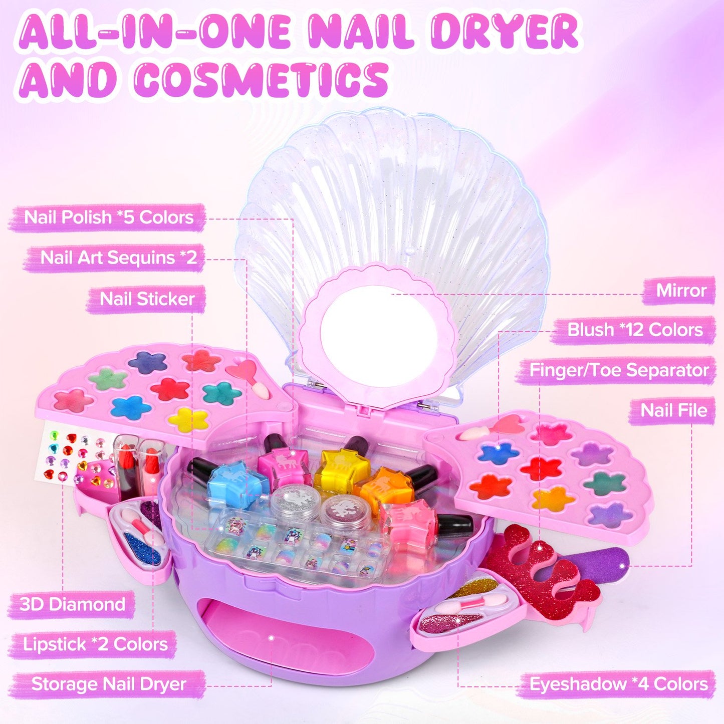 Kids Nail Polish Set & Makeup Kit for Girls, 2-In-1 Nail Art Kit with Nail Dryer & Makeup Toy, Non Toxic Peel-Off Nail Polish, Real Cosmetic, Girl Stuff Birthday Gifts for Kids Ages 3-12