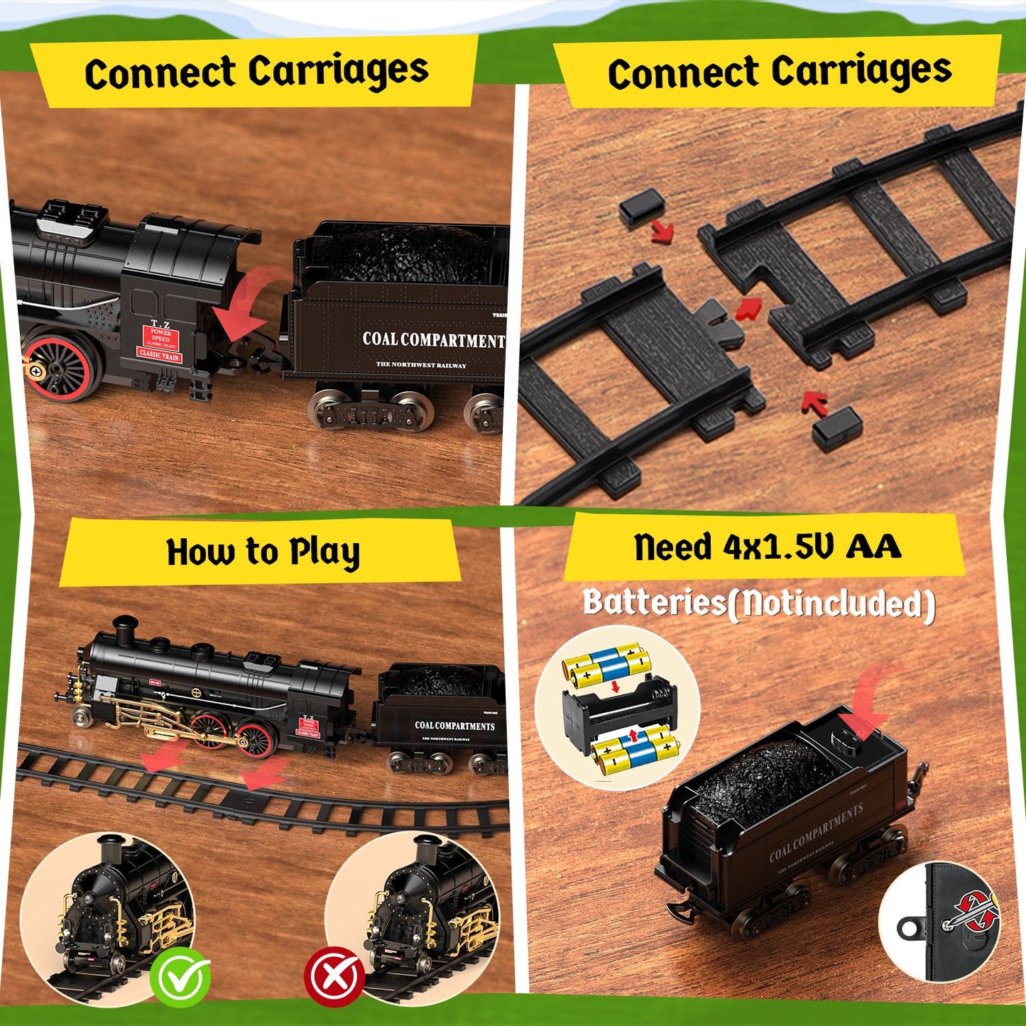 Electric Train Set Toy, Alloy Toddler Model Train Set with Smokes, Lights & Sound, Christmas Train Set with Steam Locomotive Engine, Educational Gift Toy Train for Boys Girls Age 2 3 4 5 6 Kids