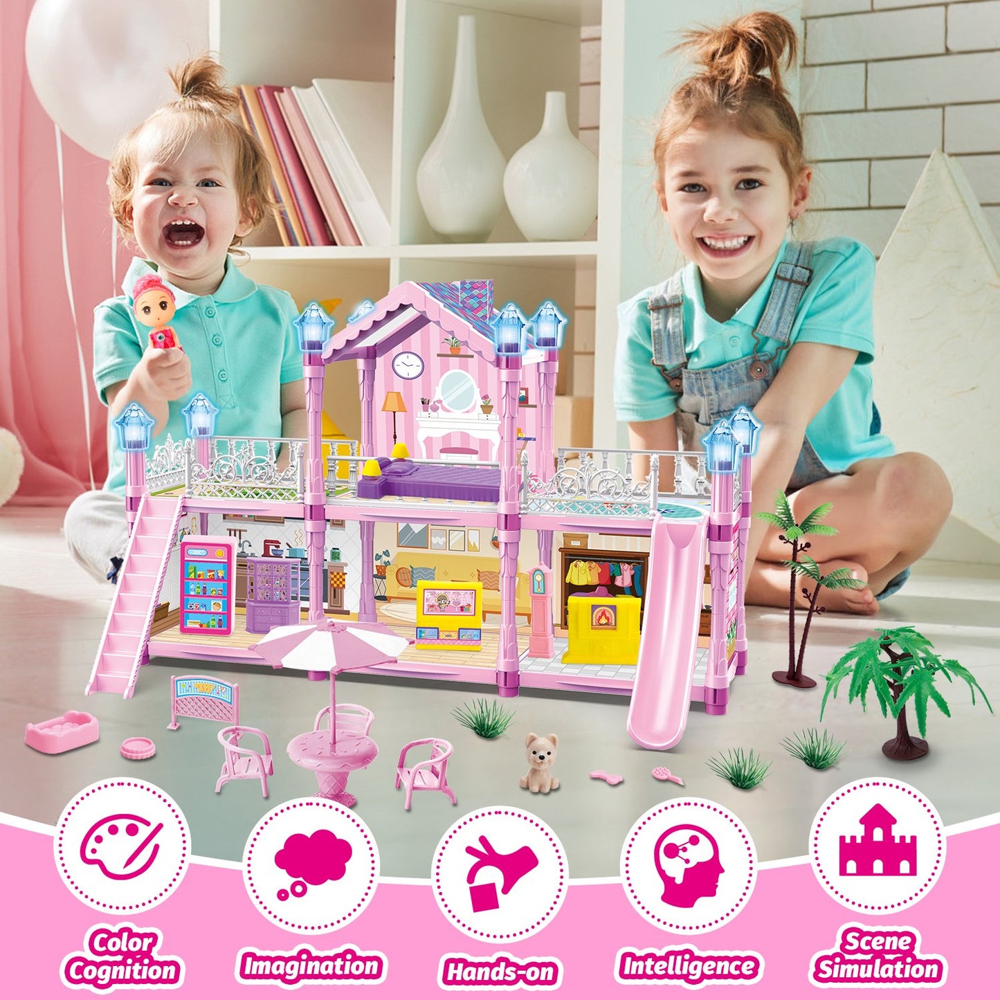 Dollhouse Kit for Girls Ages 3-6, 131PCS Pink DIY Pretend Play Toy House With Slide, Lights, 4 Rooms 2 Balconies Furniture, Birthday Gift for 2 3 4 5 Years Old Girls/Kids/Toddlers.