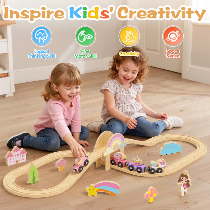 Wooden Train Set for Kids, Wooden Train Track for Toddlers 2 3 4 5, Unicorn Train Toy with 4 Magnetic Trains & Accessories, Railway Playset Christmas Birthday Gifts for 3 4 5 6 Year Girls Boys