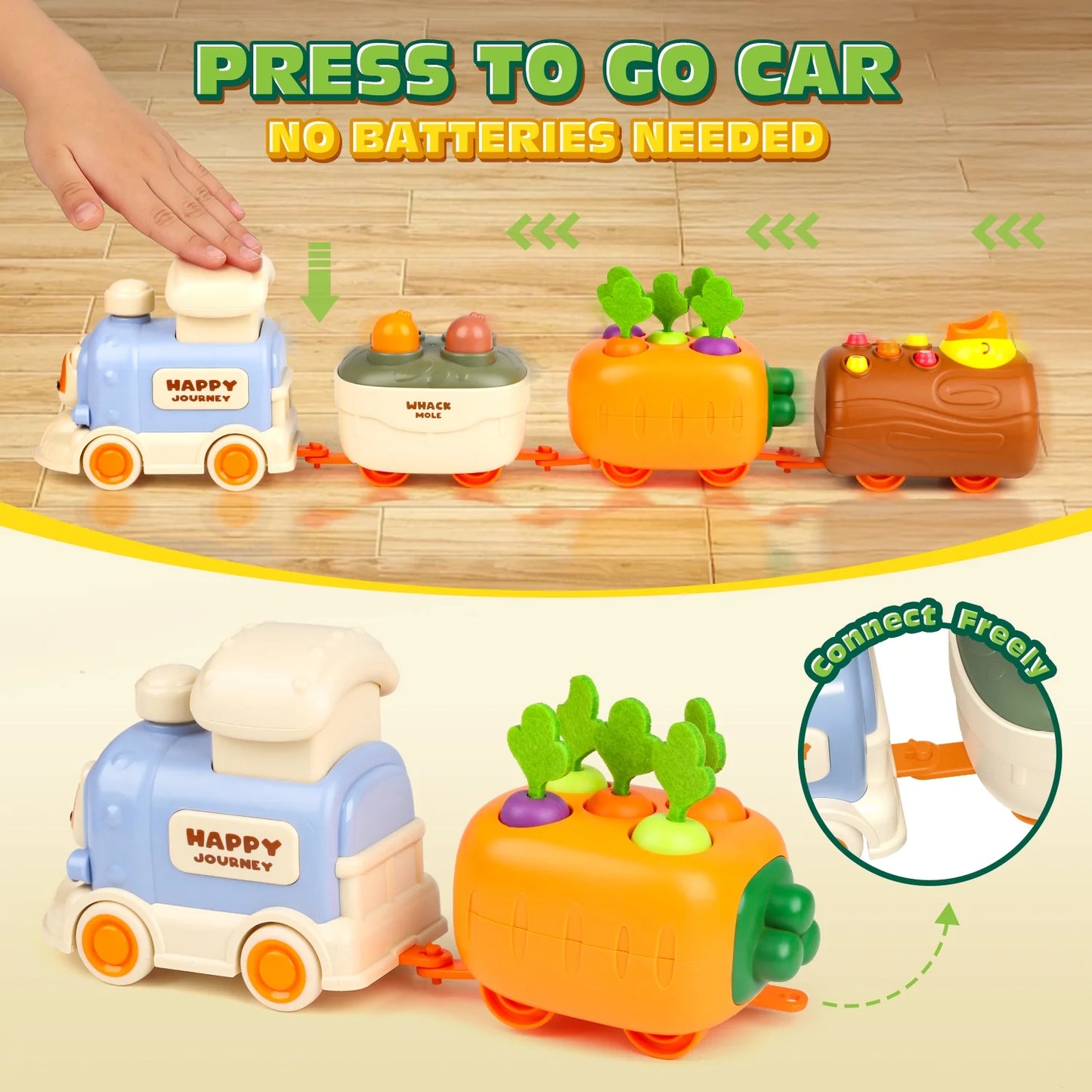 Press and Go Toy Cars for Toddlers 1-3, 4-in-1 Baby Push Car, Carrot Harvest Game, Whack-A-Mole, Woodpecker Worm, Train Car Toy Christmas Birthday Gift for 12-36 Months Baby Boys Girls