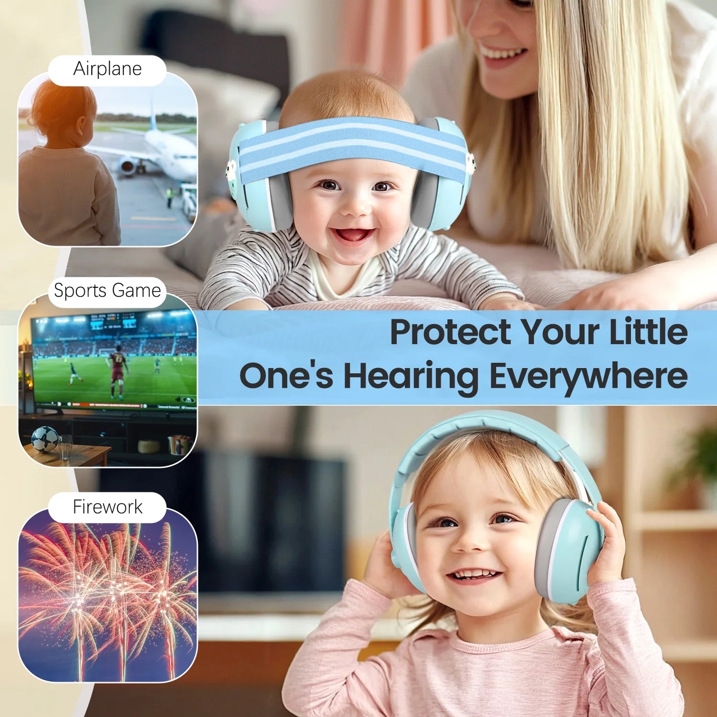 2-in-1 Baby Ear Muffs Noise Protection,Noise Canceling Headphones for Baby & Toddler 0-12-36 Months, Infant Ear Protection in Plane, Adjustable Headband,Improves Sleep - Blue