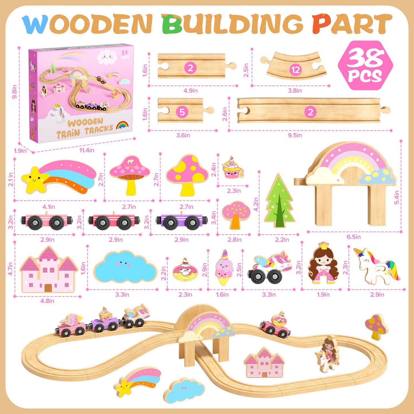 Wooden Train Set for Kids, Wooden Train Track for Toddlers 2 3 4 5, Unicorn Train Toy with 4 Magnetic Trains & Accessories, Railway Playset Christmas Birthday Gifts for 3 4 5 6 Year Girls Boys