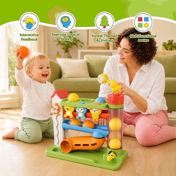 Ball Drop Toys for 1 Year Old, Hammer Drop Ball Tower for Toddler 1-3, Musical Baby Toy with Lights & Sounds, Interactive Montessori Toys, Birthday Gifts for Girls Boys Age 12-18 Months Old