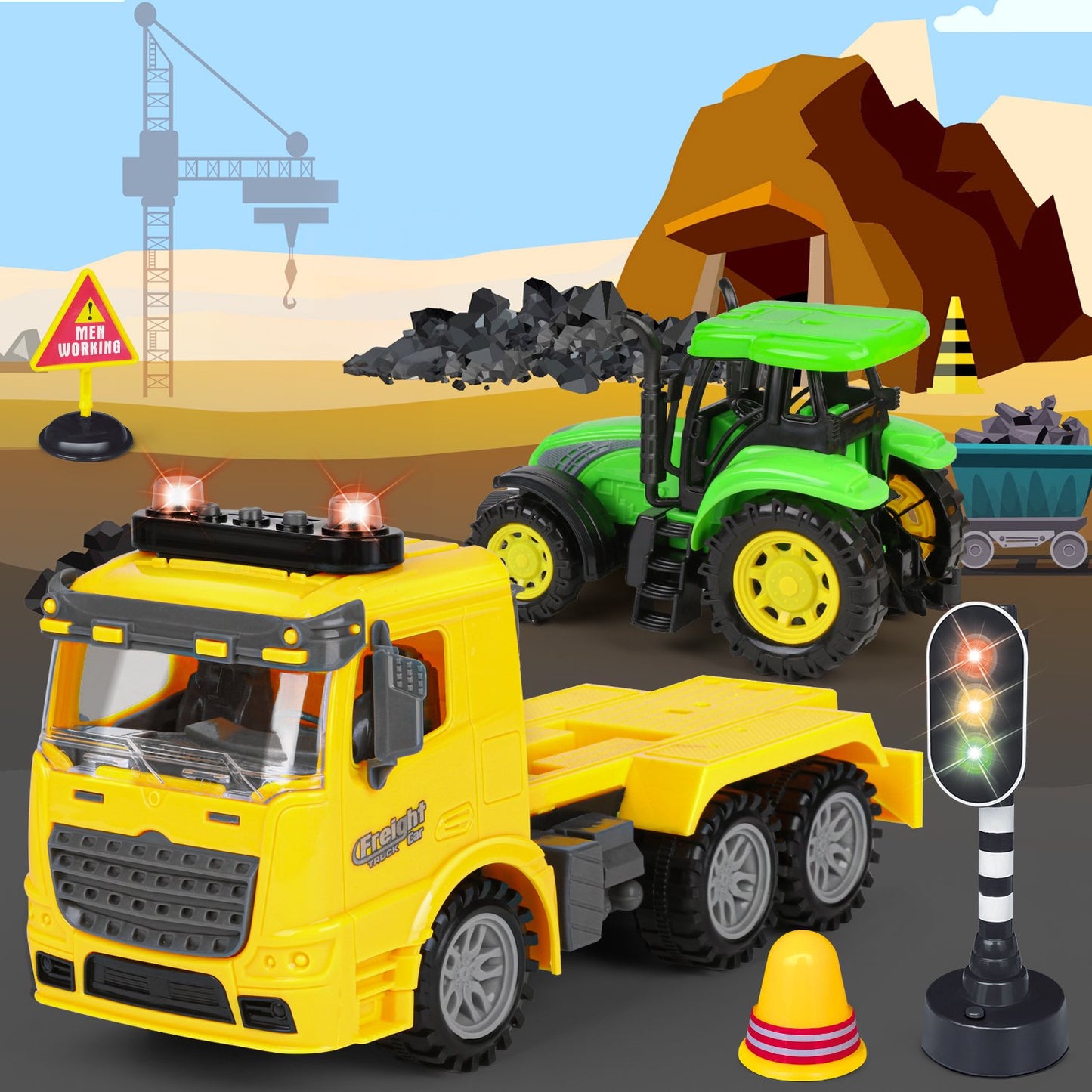 Construction Engineering Vehicle for kids/Toddler Ages 3-8,Inertia Truck and Tow Trailer Toys with Lights and Music, Birthday Gift for Boys 8 9 10 11 12 Years Old