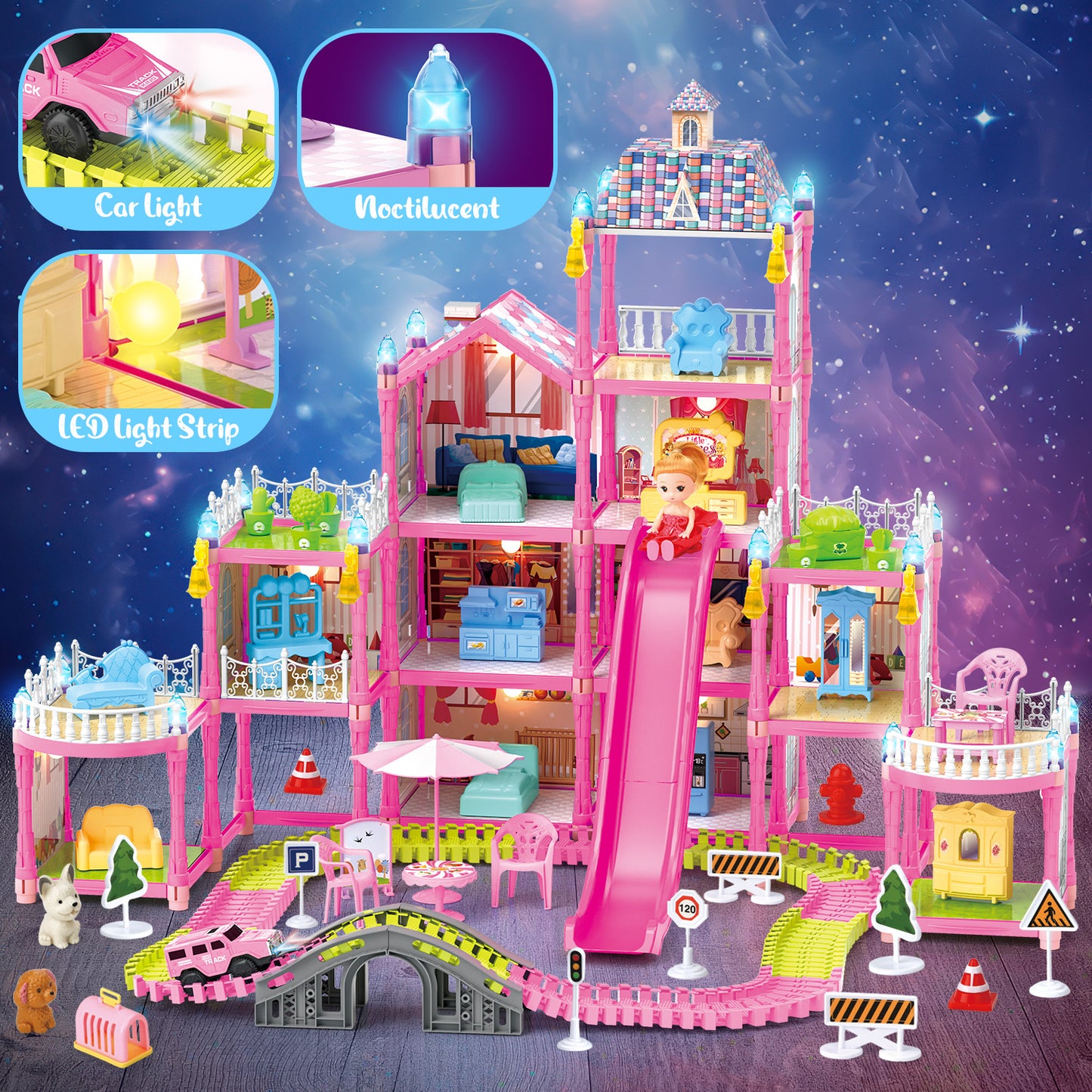 Dollhouse Kit for Girls Ages 3-6, 471PCS Pink Castle Toys With Slide, Track, Lights, DIY 11 Rooms and 4 Balconies Furniture, Birthday Pretend Play Toys Gift for 3 4 5 Years Old Girls/Kids.