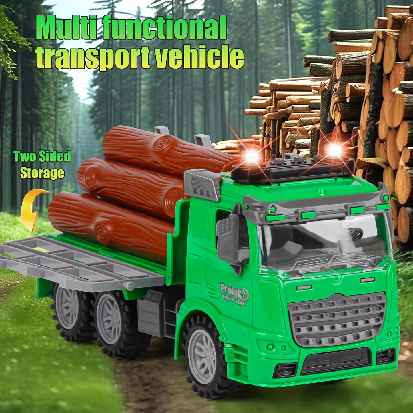 Logging Carrier Toys for Kids/Toddler Age 5 6 7 8, Inertia Truck with Lights and Music,Tiltable Fence, Birthday Gift for Boys 8-11 Years Old