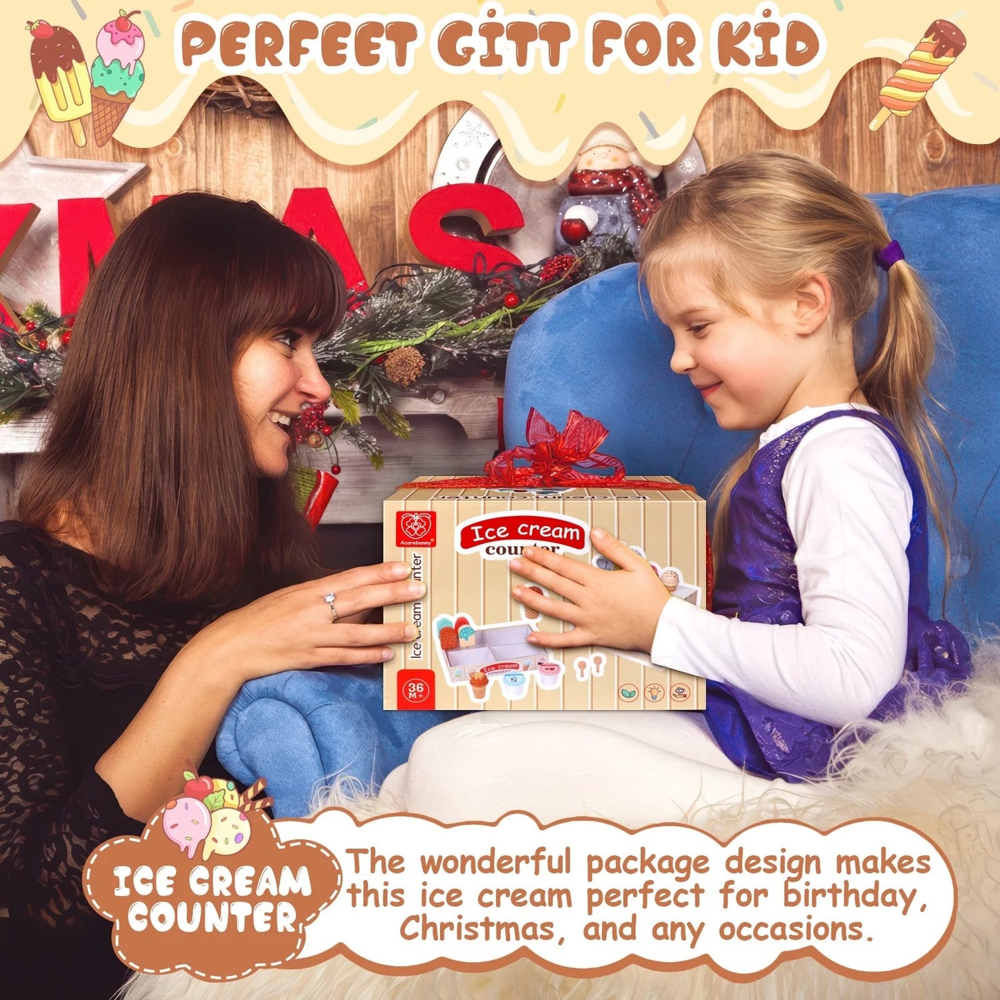 Ice Cream Toys for Kids, Wooden Toys Play Food Sets for Kids Kitchen, Kids Wooden Ice Cream Playset, Pretend Play Toys Christmas Birthday Gifts for Toddlers Girls Ages 3 4 5 6 Years