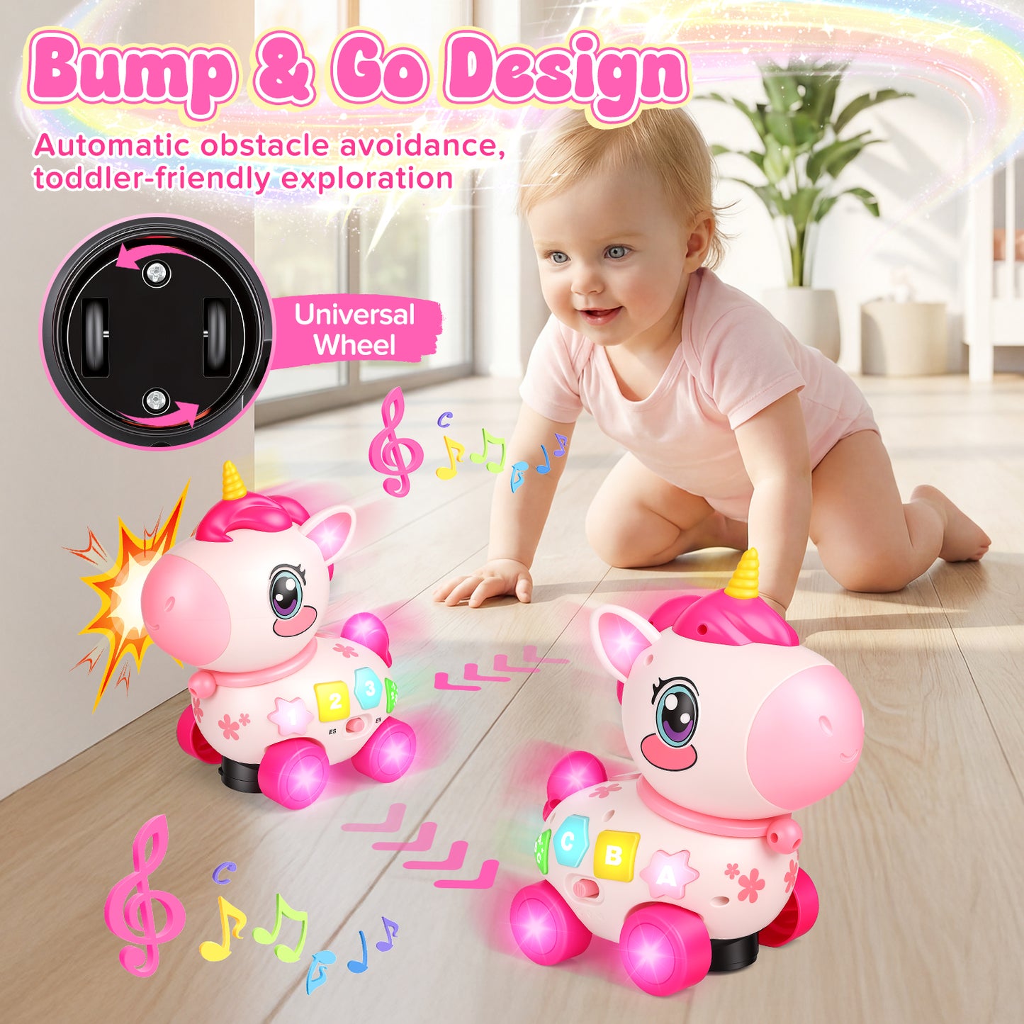 Unicorn Musical Toys for 1 Year Old Girl Gifts, Bilingual Baby Toys 6-12-18 Months, 1st Birthday Girl Gift, Crawl & Pull & Learning Educational Toddler Toy with Light and Music