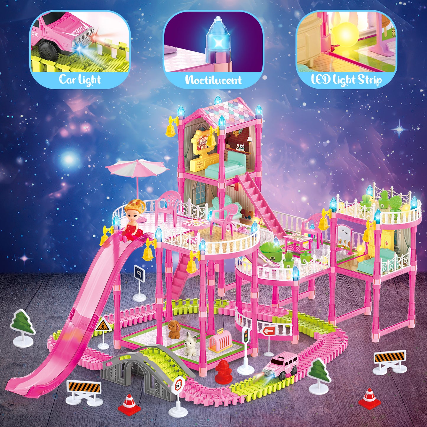 Dollhouse Kit for Girls Ages 3-6, 412PCS Pink Castle Toys With Slide, Track, Lights, DIY 3 Rooms and 6 Balconies Furniture, Birthday Pretend Play Toys Gift for 3 4 5 Years Old Girls/Kids.