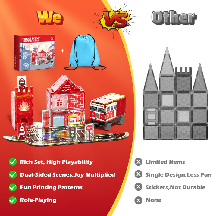Magnetic Tiles for Kids Ages 4-8, 60Pcs Magnetic Building Blocks, Construction Firetruck Toys Magnetic Tiles Road Set, Educational STEM Toys Christmas Birthday Gifts for Boys Girls Toddlers 3-5