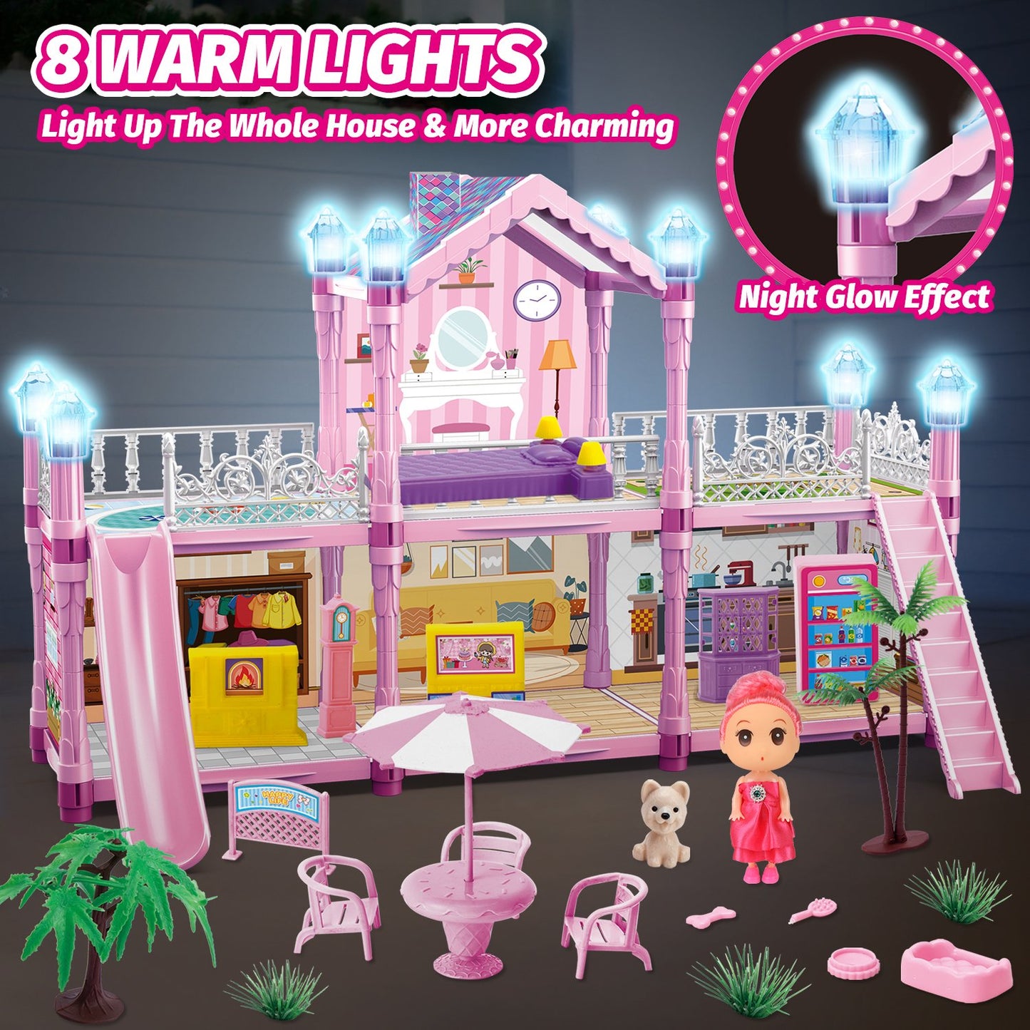 Dollhouse Kit for Girls Ages 3-6, 131PCS Pink DIY Pretend Play Toy House With Slide, Lights, 4 Rooms 2 Balconies Furniture, Birthday Gift for 2 3 4 5 Years Old Girls/Kids/Toddlers.