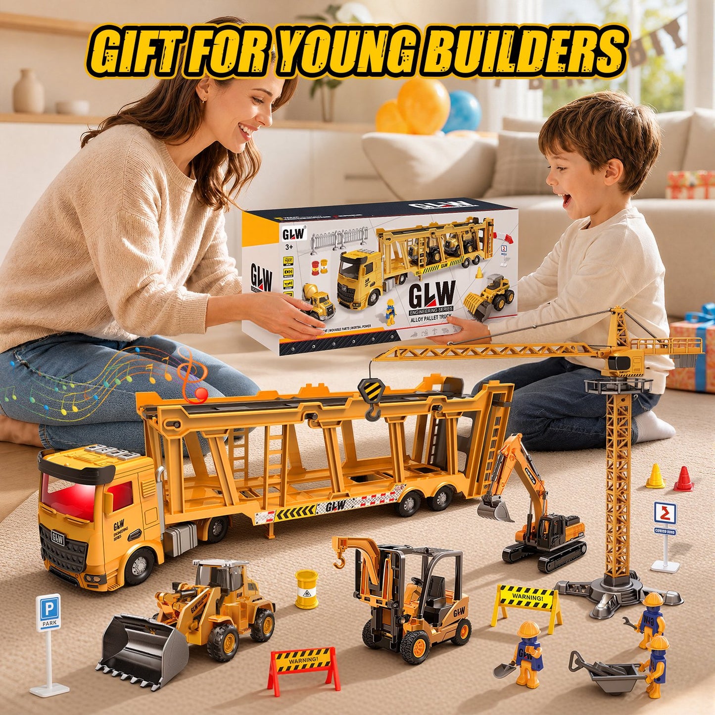 onstruction Crane Truck Toy for Boys 3-6 Years, Alloy Construction Vehicle Toy Set w/Light & Sound, Excavator Cars Gifts for Age 3 4 5 6 7 Years Old Boys Kids