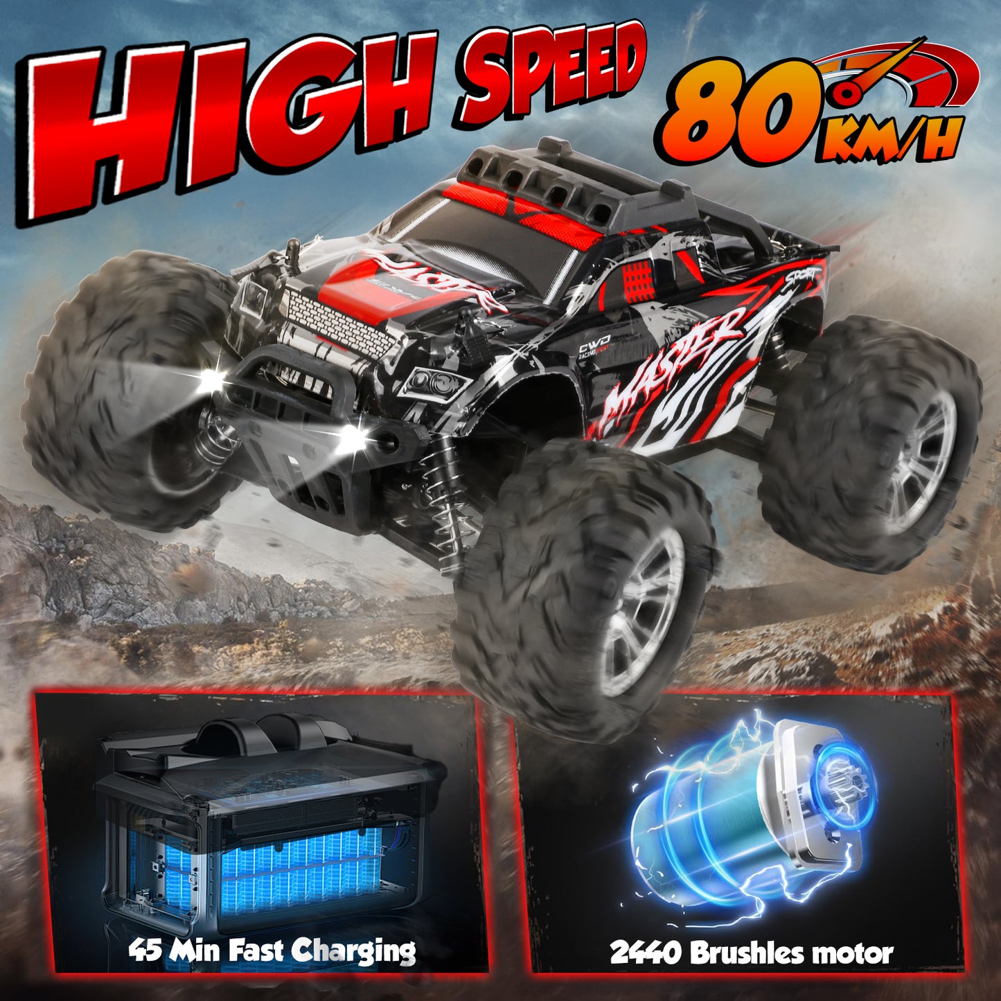 Remote Control Car, 1:16 High Speed 30+ MPH RC Cars, 4WD off Road RC Truck 2 Batteries, Gifts for Boys and Adults, Red