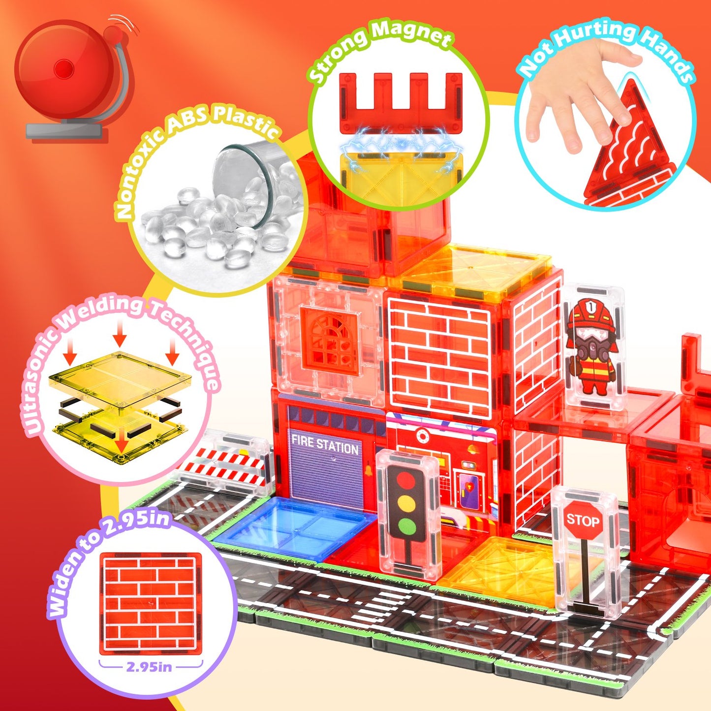 Magnetic Tiles for Kids Ages 4-8, 60Pcs Magnetic Building Blocks, Construction Firetruck Toys Magnetic Tiles Road Set, Educational STEM Toys Christmas Birthday Gifts for Boys Girls Toddlers 3-5
