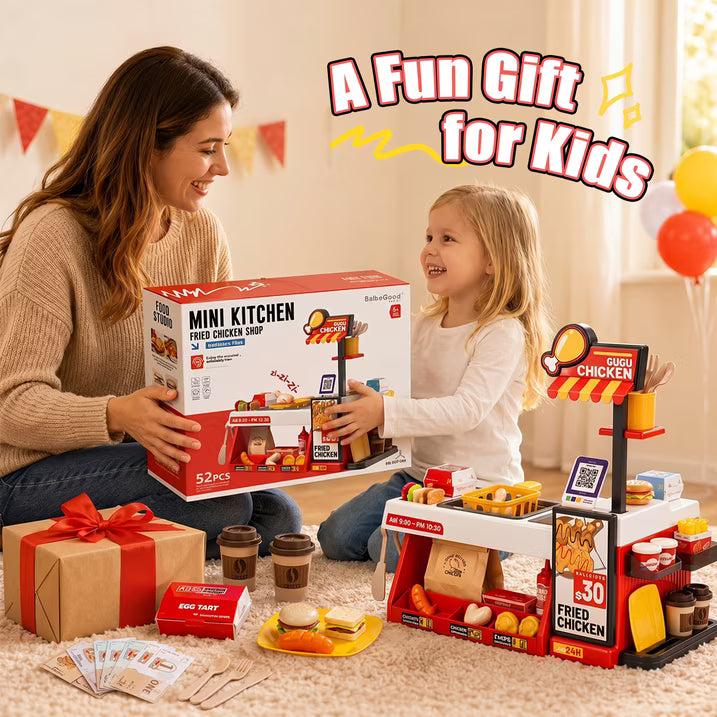 Kids Pretend Play Food Set, 52 Pcs Fried Chicken Shop Toy, Color Changing Fast Food Restaurant Toy with Burger, Fries, Coffee and Play Money, Christmas Birthday Gift for Boys Girls Ages 3-8