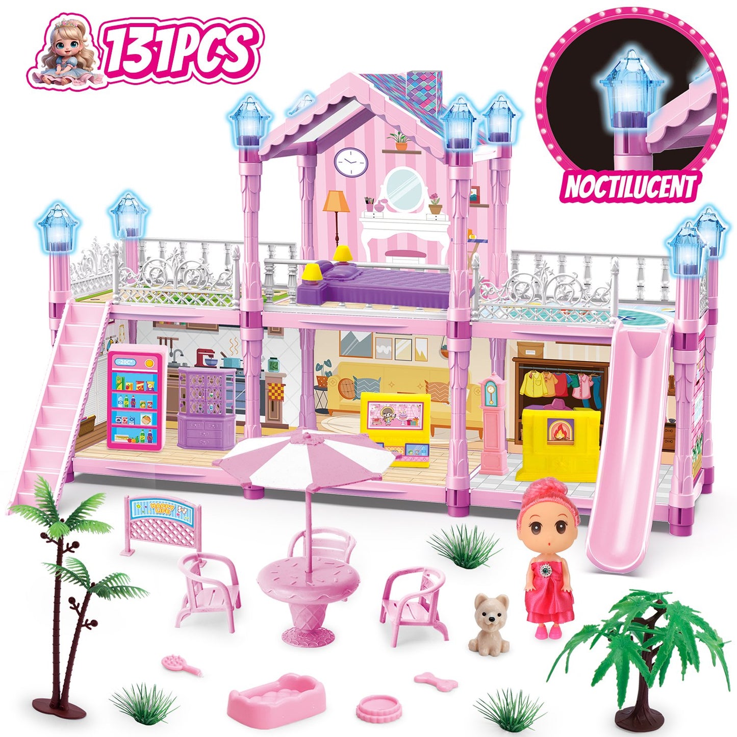 Dollhouse Kit for Girls Ages 3-6, 131PCS Pink DIY Pretend Play Toy House With Slide, Lights, 4 Rooms 2 Balconies Furniture, Birthday Gift for 2 3 4 5 Years Old Girls/Kids/Toddlers.