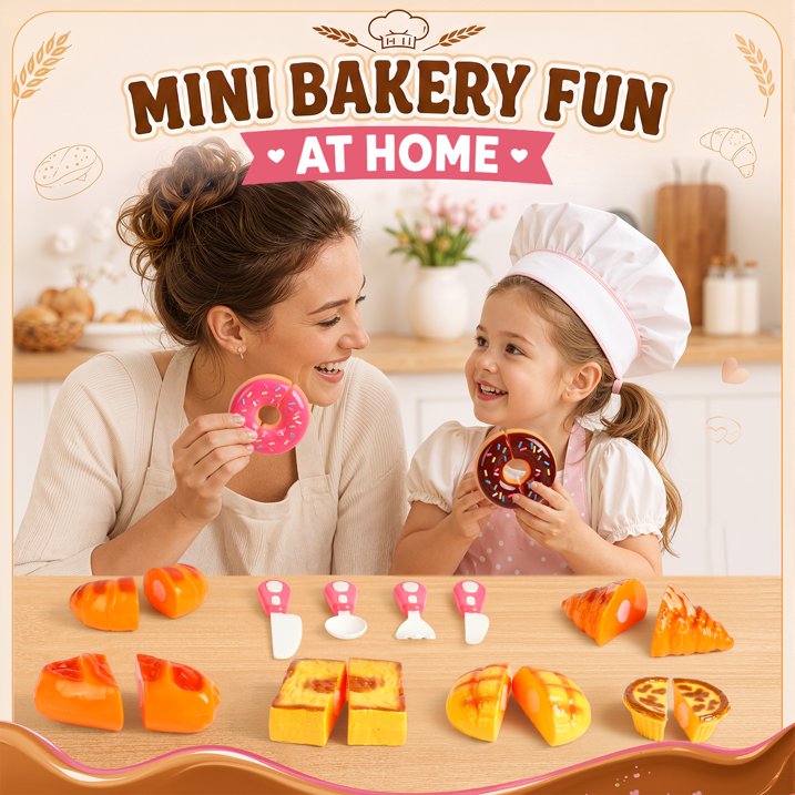 Play Food Set for Kids Kitchen, Pretend Bakery Toy Food for Toddlers 3-5, Bread Cutting Food Toys, Birthday Gift for Boys and Girls Ages 3 4 5 6 Years.