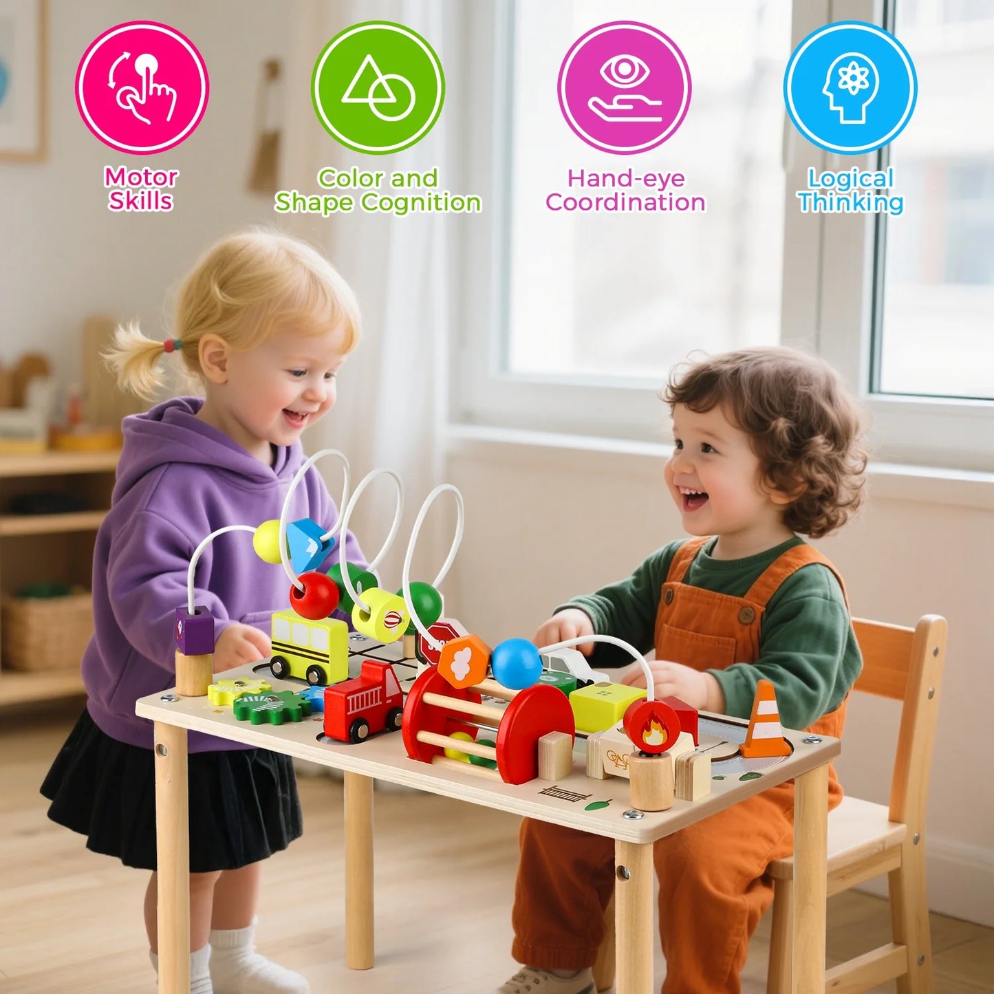 Montessori Toys for 1 2 3 4 Year Old, 7 in 1 Baby Toys for 6-18 Months, Wooden Toddler Activity Table, Kids Traffic Sensory Table, Learning Gifts for Baby Girls Boys, Christmas Birthday Gift