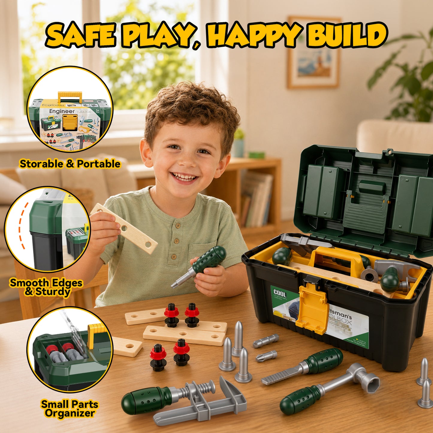 38PCS Kids Tool Set, Kids Tool Box with Electronic Light-Up Toy Drill, Pretend Play Construction Toys for Toddlers Boys Girls Ages 3-5, Christmas Birthday Gifts for 3-7 Kids